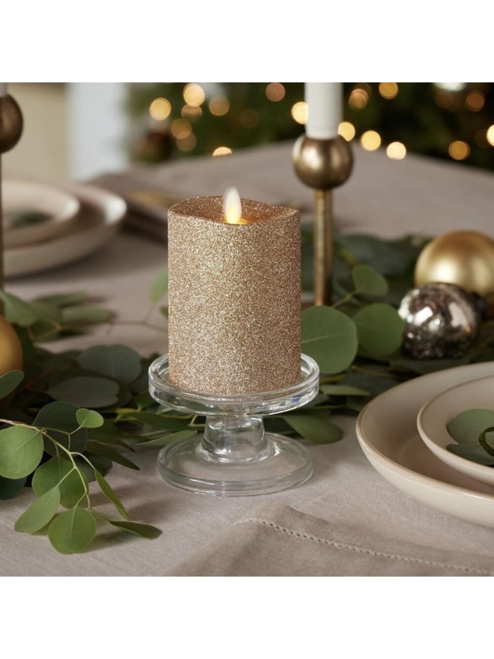 Realistic LED Moving Flame Pillar Candle - Gold Glitter, Battery Operated
